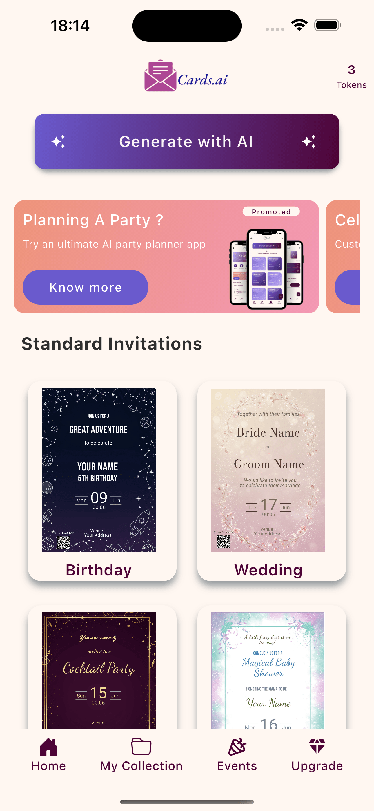 Cards.ai home screen showing a Generate with AI button and ready-made invitation designs for a birthday, wedding, cocktail party and baby shower.
