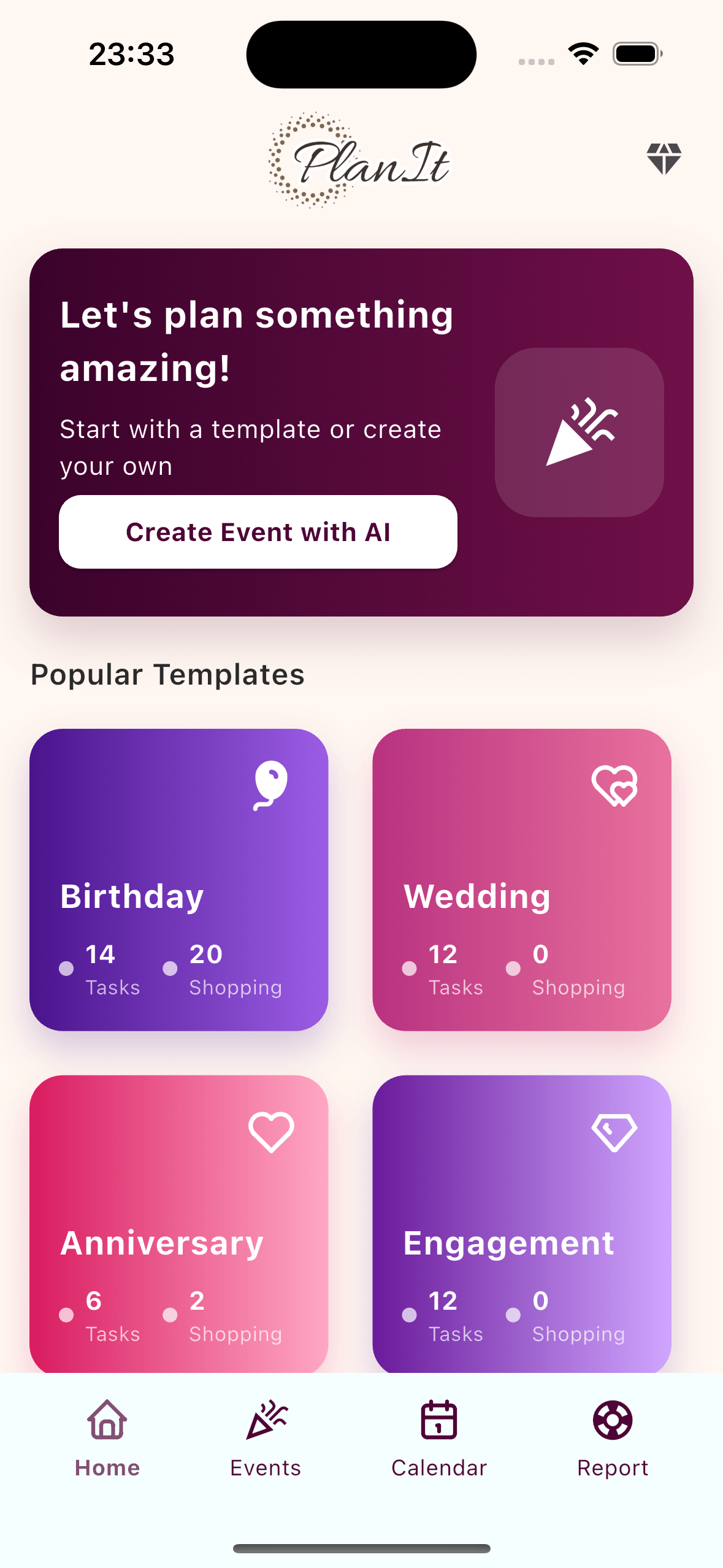 PlanIt Party Planner home screen showing a Create Event with AI button and popular templates for birthday, wedding, anniversary and engagement parties, each with its task and shopping-list count.