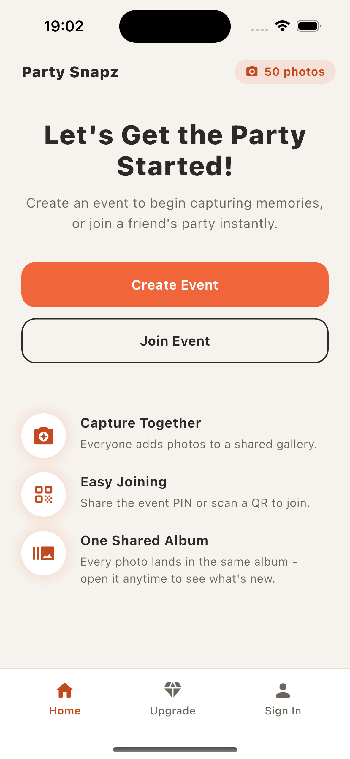 Party Snapz home screen with Create Event and Join Event buttons, and features for capturing photos together, joining by event PIN or QR code, and one shared album.